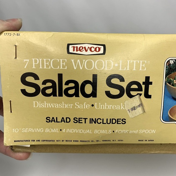 Vintage Nevco 7 Pc Wood Lite Salad Set Plastic Serving Bowl Salad Bowls Utensils - Picture 3 of 11